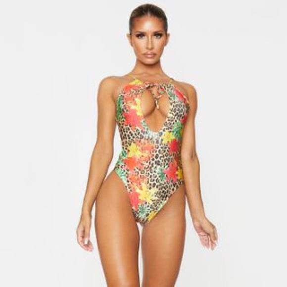 Leopard Ruched Neck Cut Out Halterneck Swimsuit - Picture 4 of 5